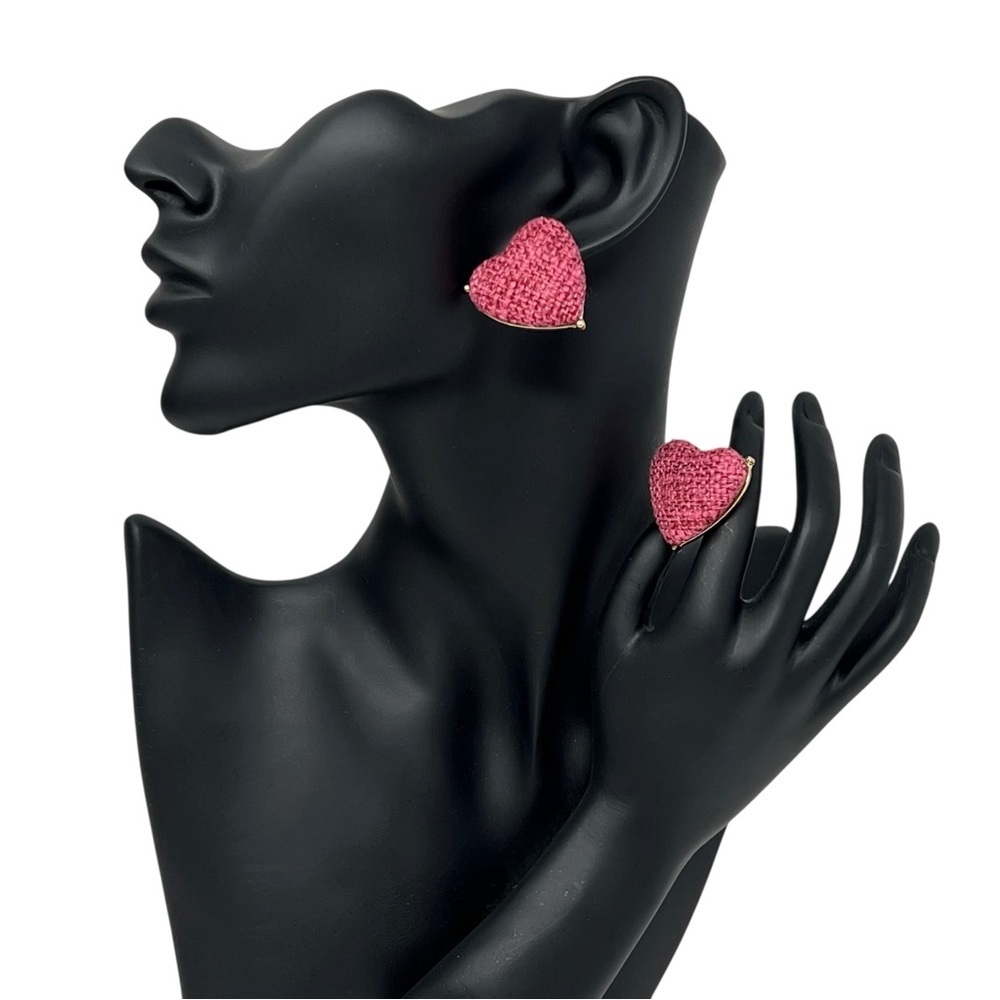 NWT I.N.C Gold Pink Valentine Tweed Heart Stud Earrings